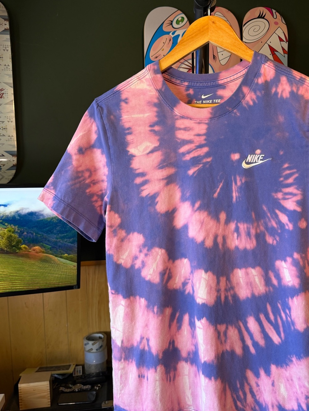 Nike Tie-Dye Bleach Custom Design Blue & Pink Short Sleeve Tee- Small